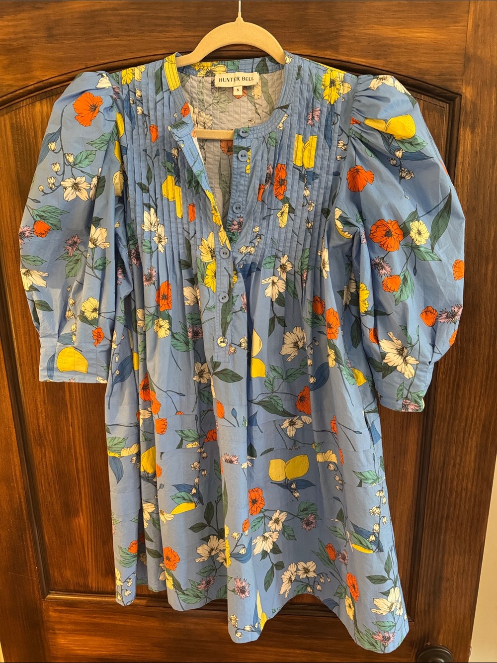 HUNTER BELL Blue Floral Puff-Sleeve Casual Dress with Yellow & Orange Accents